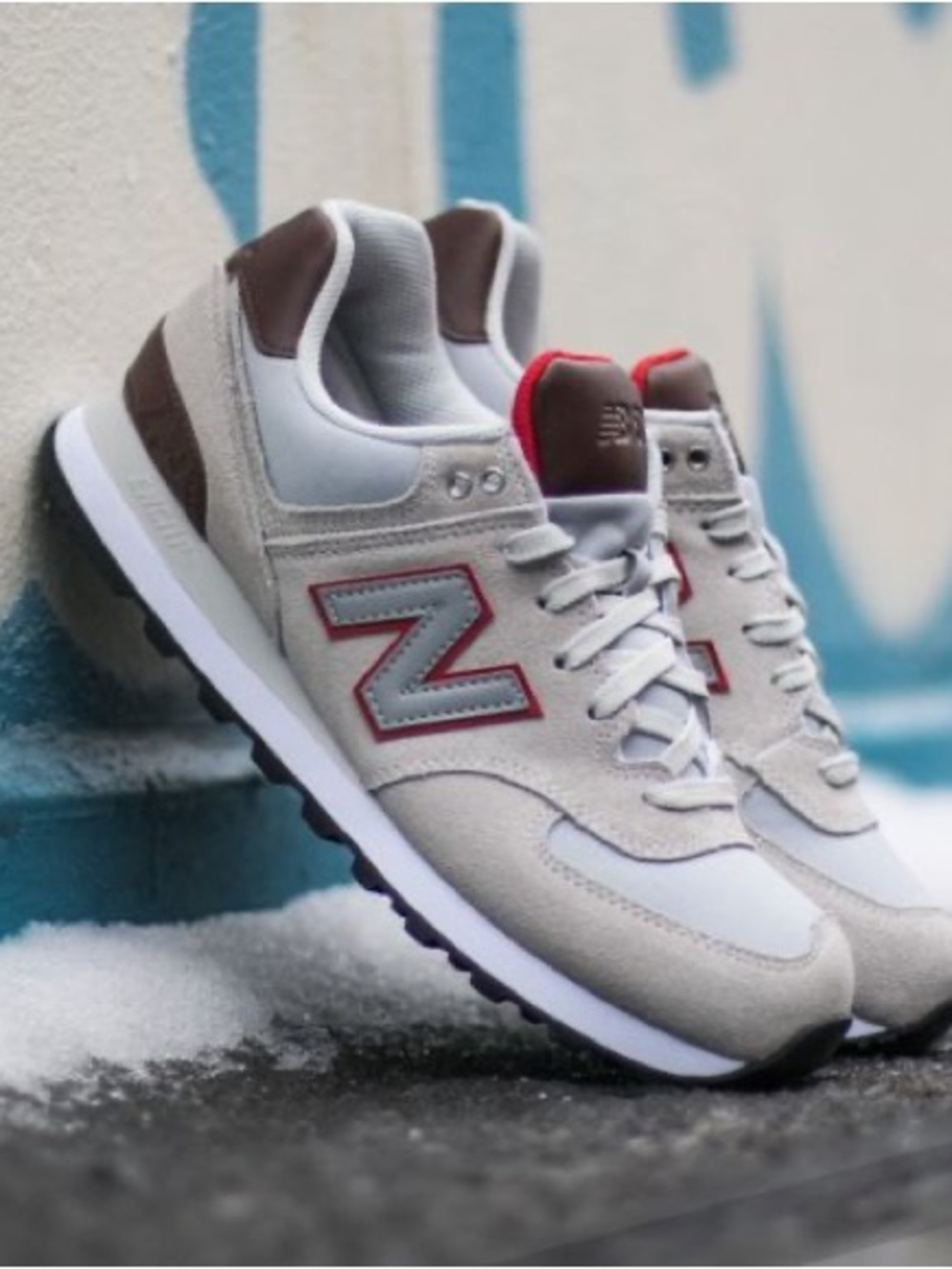 New Balance Light Gray and Brown Athletic Sneakers with Red Accents
